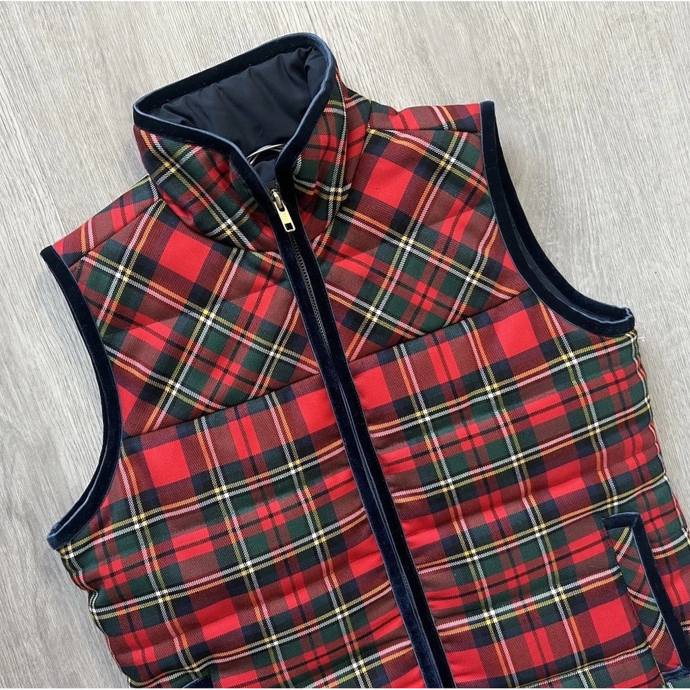 J.Crew Red Tartan Plaid Mountain Puffer Vest Navy Velvet Trim Women's Size XS